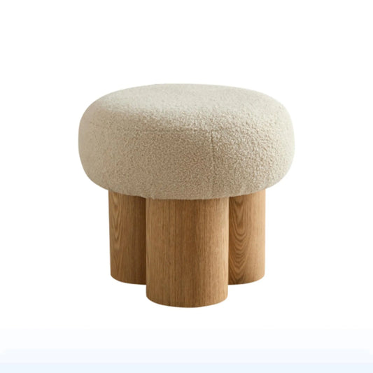 Mushroom Stool with Greige Plush Cushion, Wooden Barrel PVC Pipe, Walnut Finish – view 1
