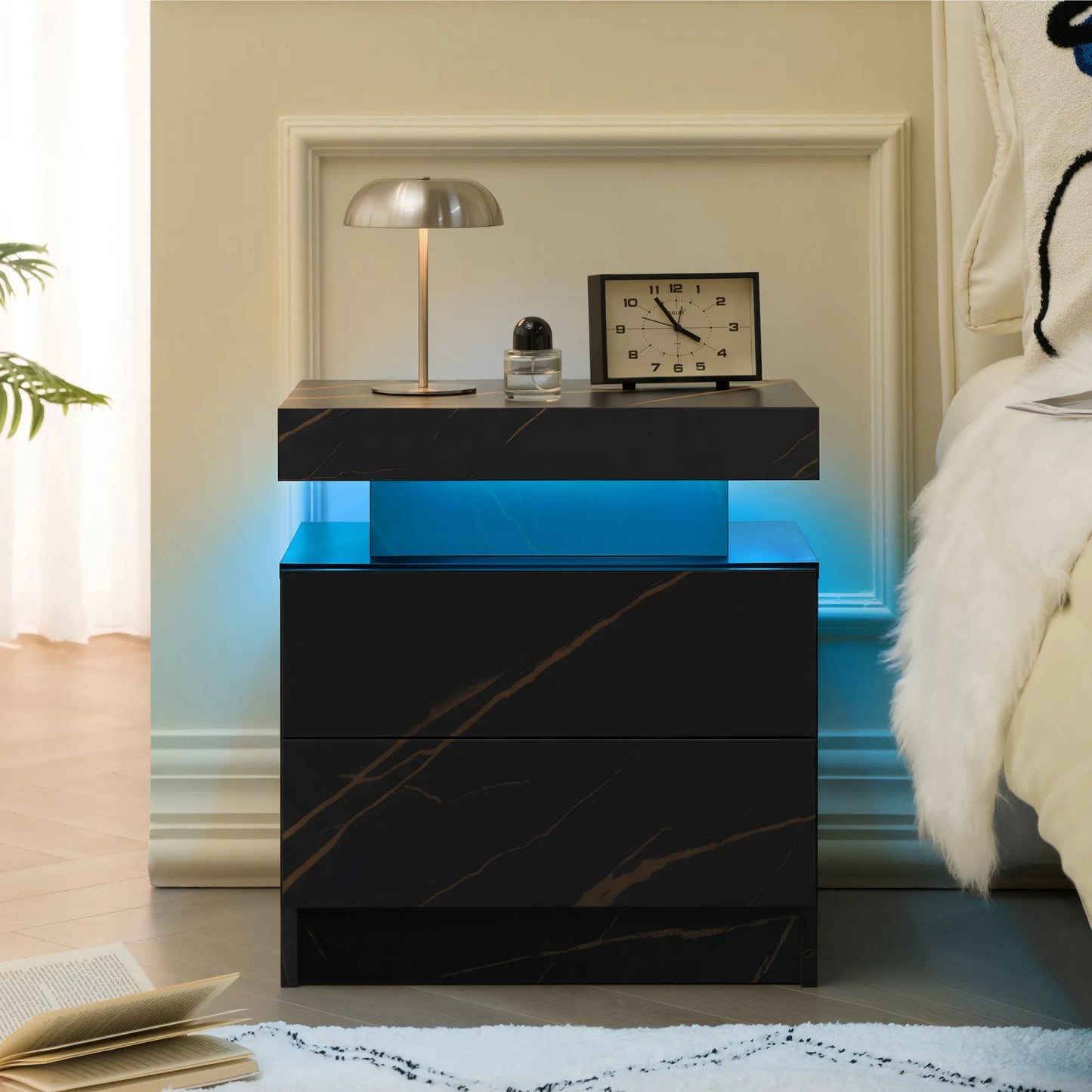 Nightstand LED Bedside Table Cabinet Lights Modern End Side with 2 Drawers for Bedroom (Black Gold) – view 1