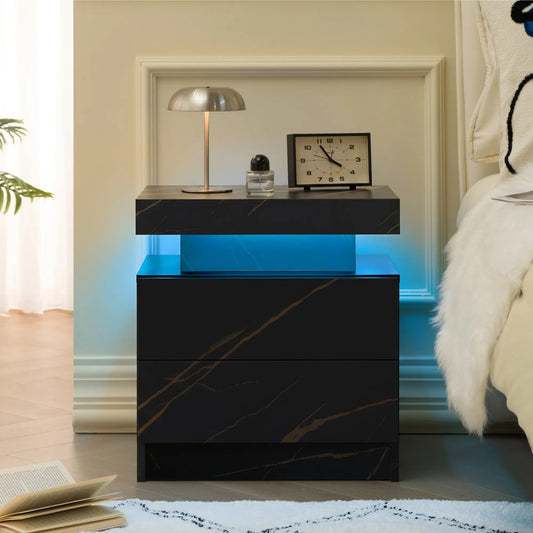 Nightstand LED Bedside Table Cabinet Lights Modern End Side with 2 Drawers for Bedroom (Black Gold) – view 1