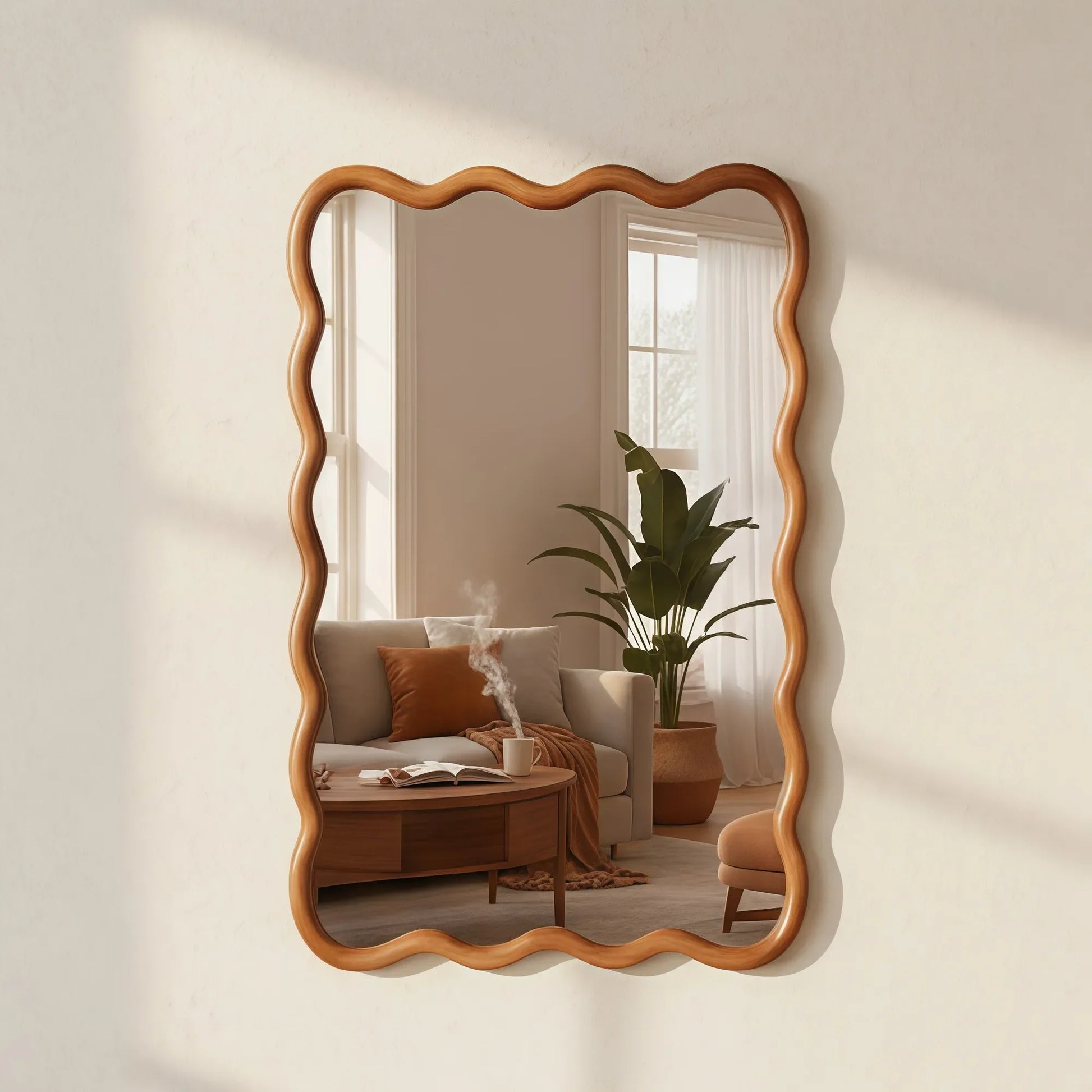 Yellowish Brown 24'x36' Wavy Rectangle Solid Wood Frame Decorative Mirror,For Bedroom, Bathroom, Living Room, Entryway – view 1