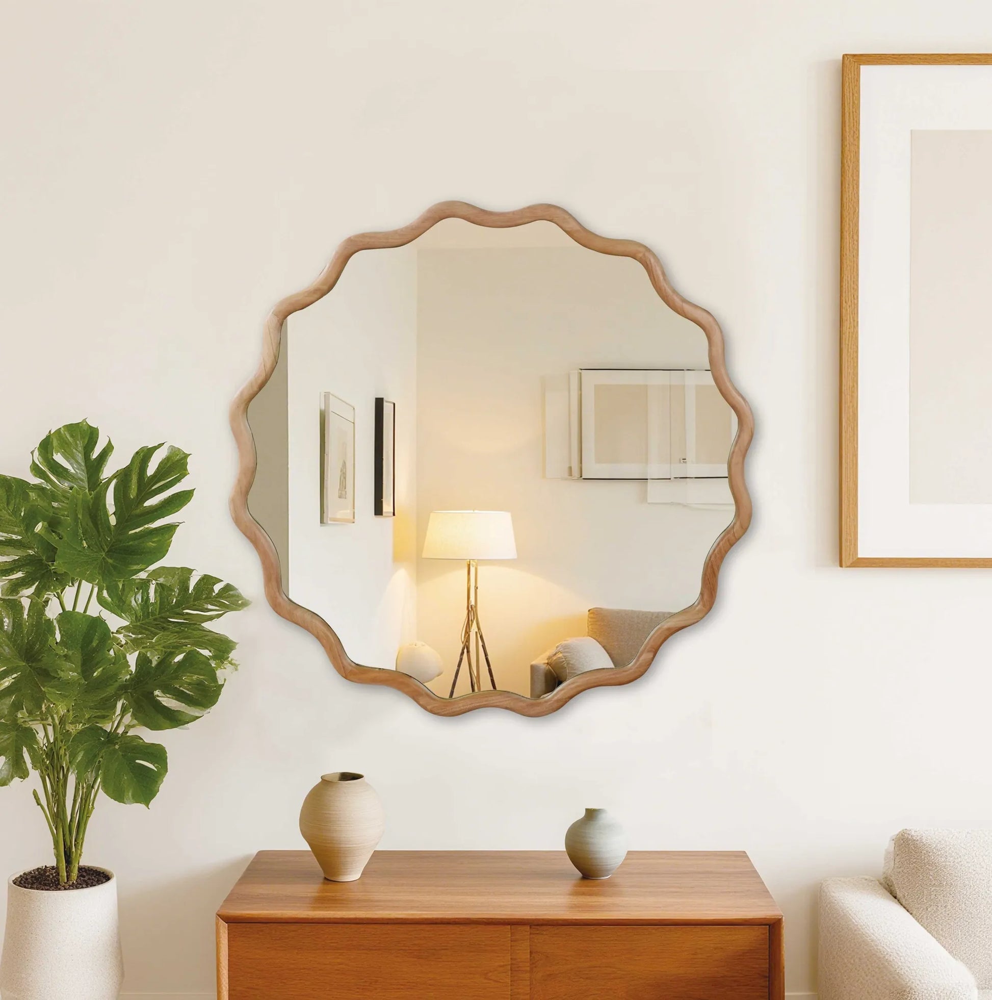 Natural Wood Color 36 inch Wavy Round Solid Wood Frame Decorative Mirror,For Bedroom, Bathroom, Living Room, Entryway – view 1