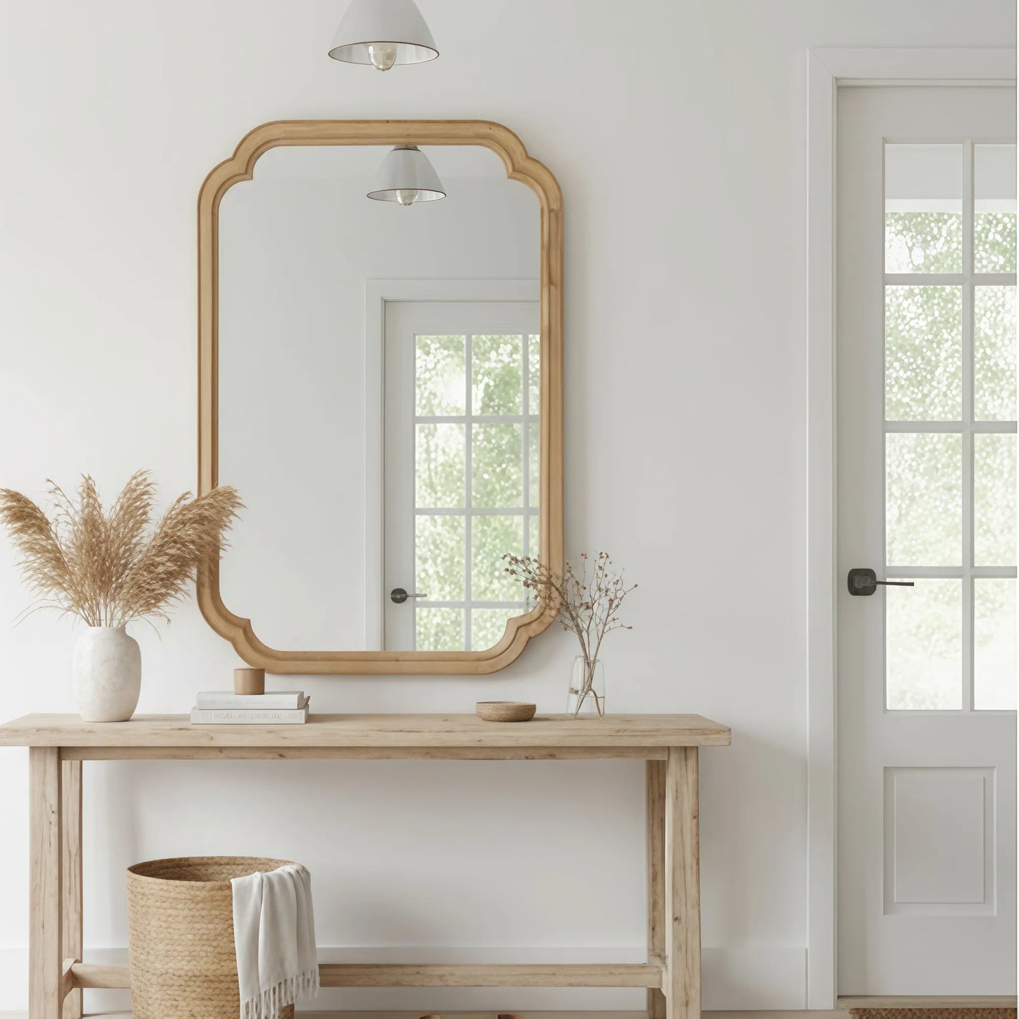 Natural Wood Color 20' x 30' Solid Wood Frame Rounded Corner Decorative Mirror, For Bedroom, Bathroom, Living Room, Entryway – view 1