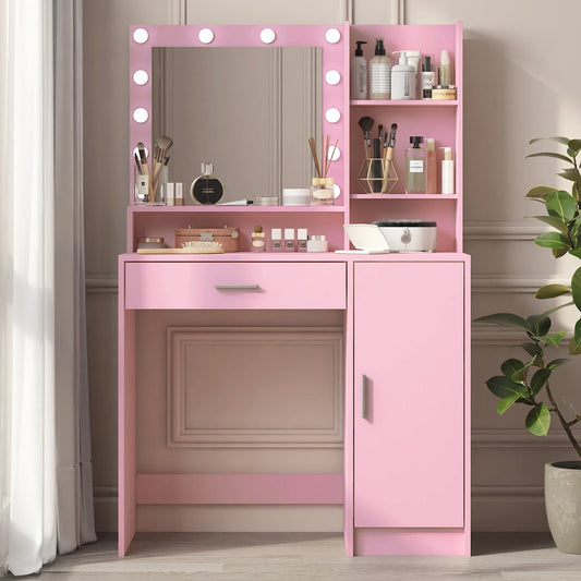 Vanity Desk with Mirror & Light, Large Drawer Three Level Storage Dresser, 3 Lighting Modes Adjustable Brightness, Bedroom Dressing Table(Pink) – view 1