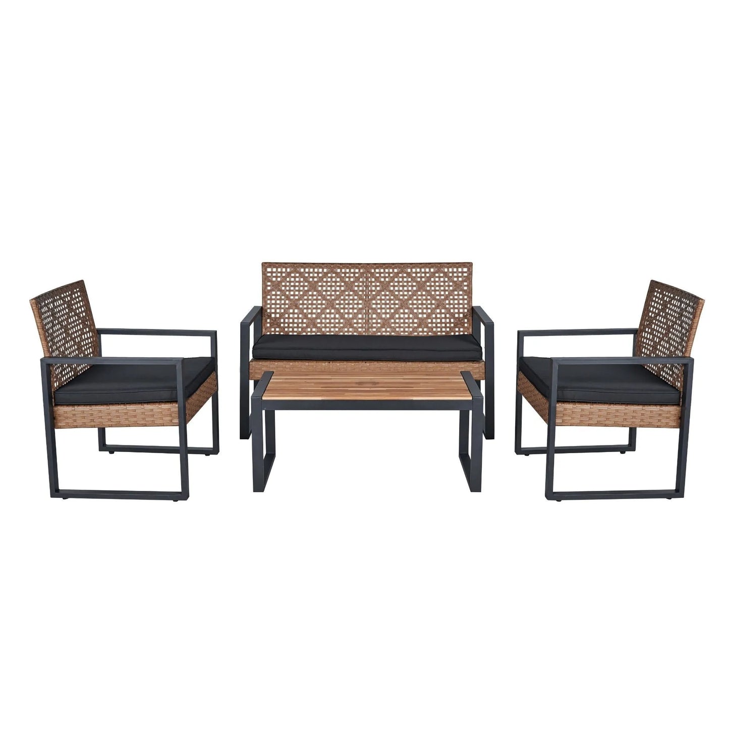 Modern Outdoor 4-Piece Patio Furniture Set with Acacia Wood Table Top, Black and Light Brown – view 1