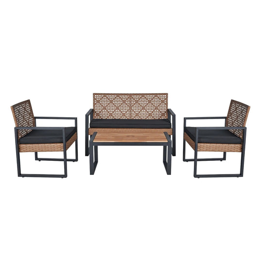 Modern Outdoor 4-Piece Patio Furniture Set with Acacia Wood Table Top, Black and Light Brown – view 1