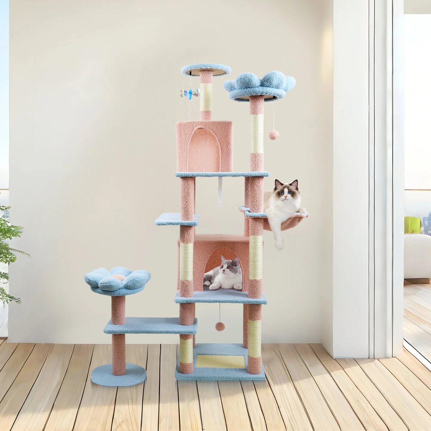 71 inch flower cat tree with large condo removable flower cushion and hammock blue – view 1