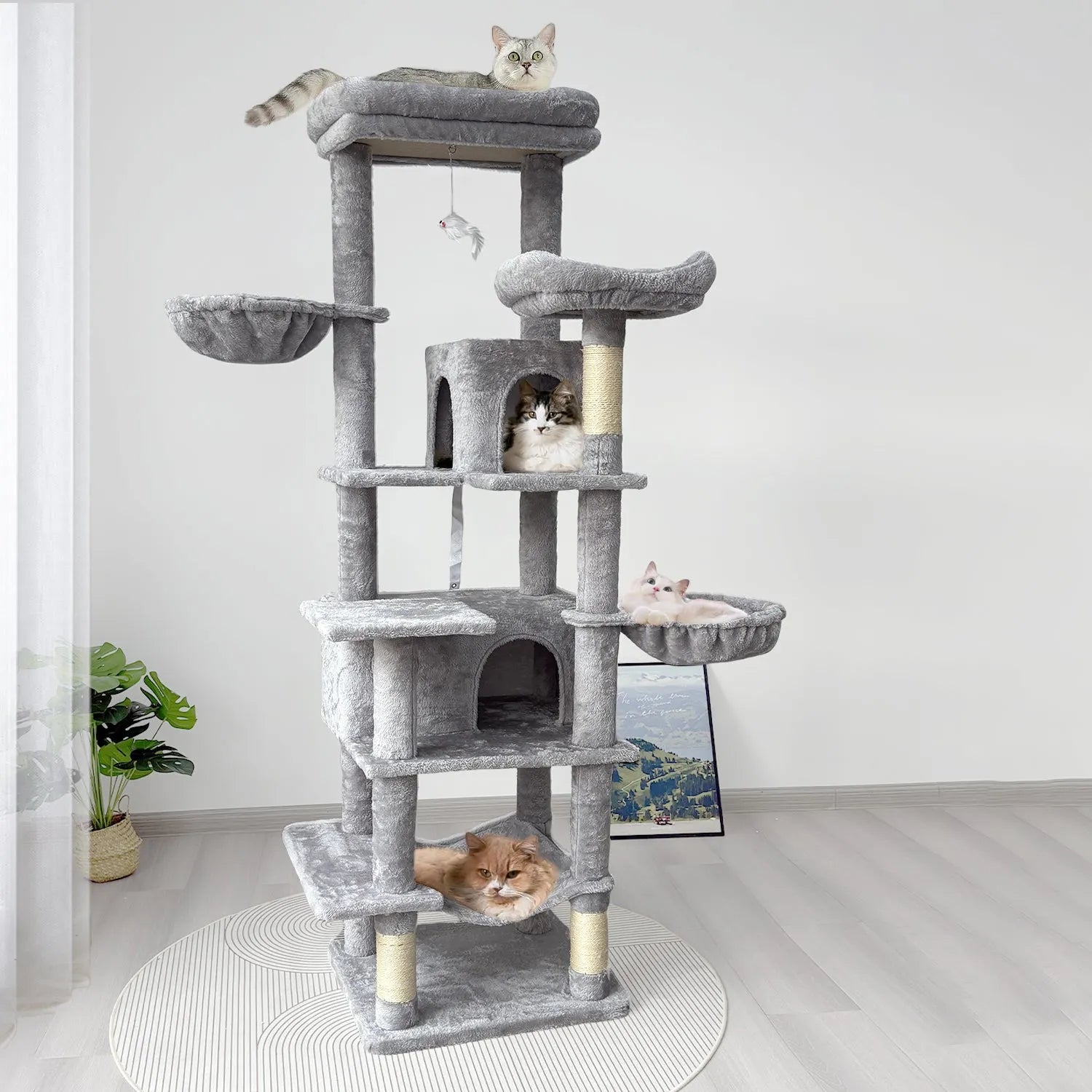 68in Tall Multi-Level Green Cat Tree with Hammocks, Hanging Basket, Cat Cave, Removeable Cushion, Scratching Posts - Plush Cat Tower for Indoor Cats – view 1