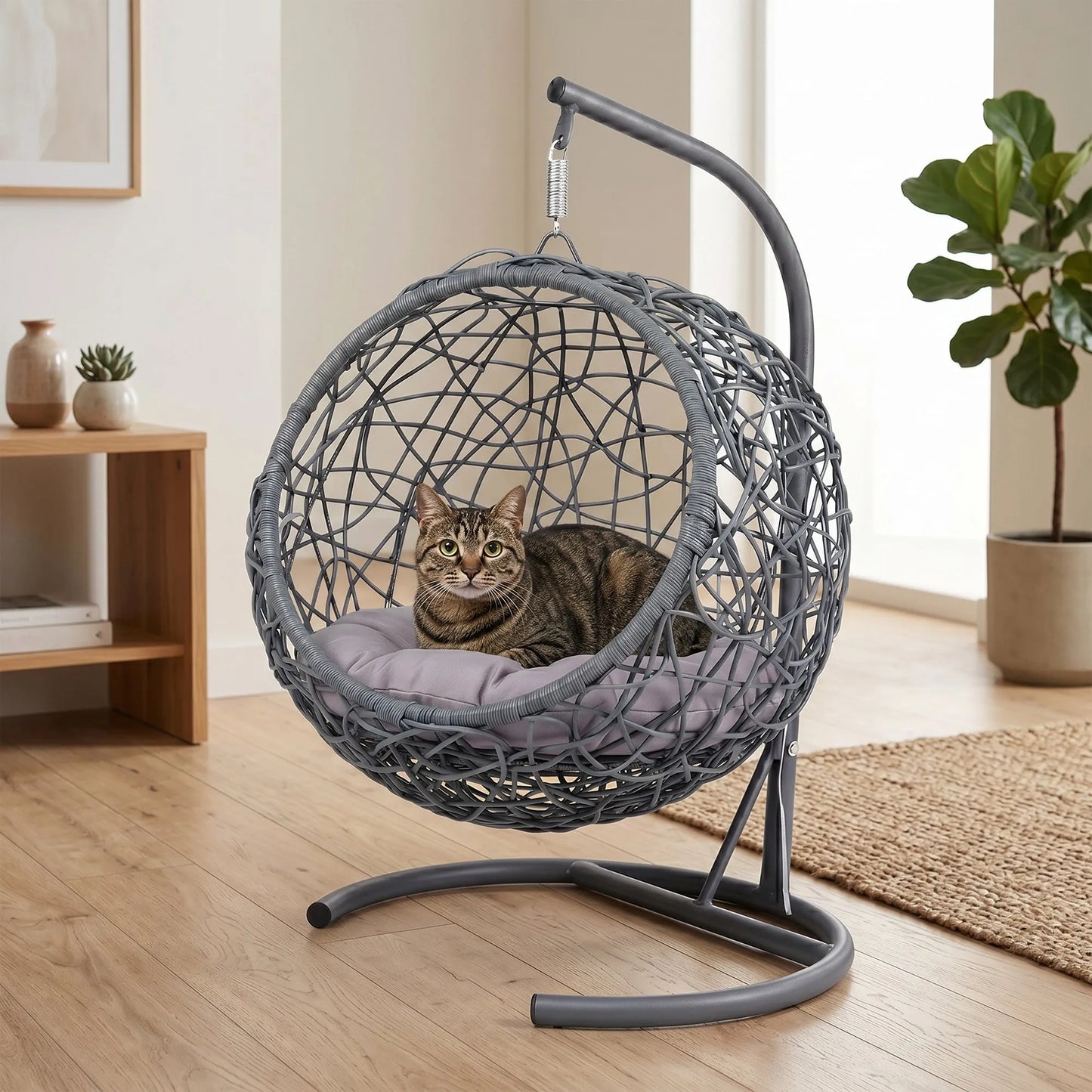 Cat Swing Bed with Stand & Cushion, Cat Egg Chair with Rattan Wicker Appearance, Indoor Hanging Swinging Cat Bed for Cats, Small Dogs, and Small – view 1