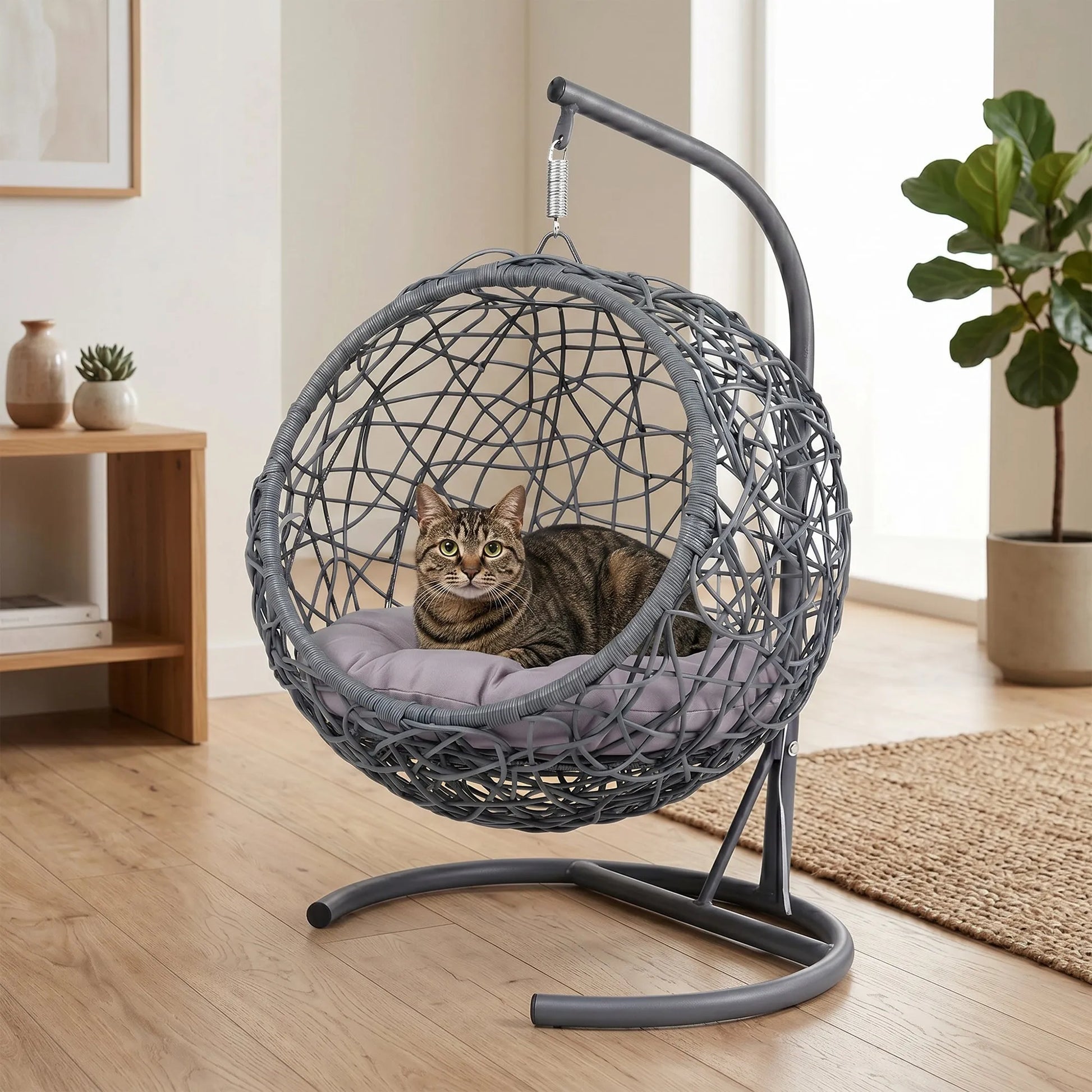 Cat Swing Bed with Stand & Cushion, Cat Egg Chair with Rattan Wicker Appearance, Indoor Hanging Swinging Cat Bed for Cats, Small Dogs, and Small – view 1