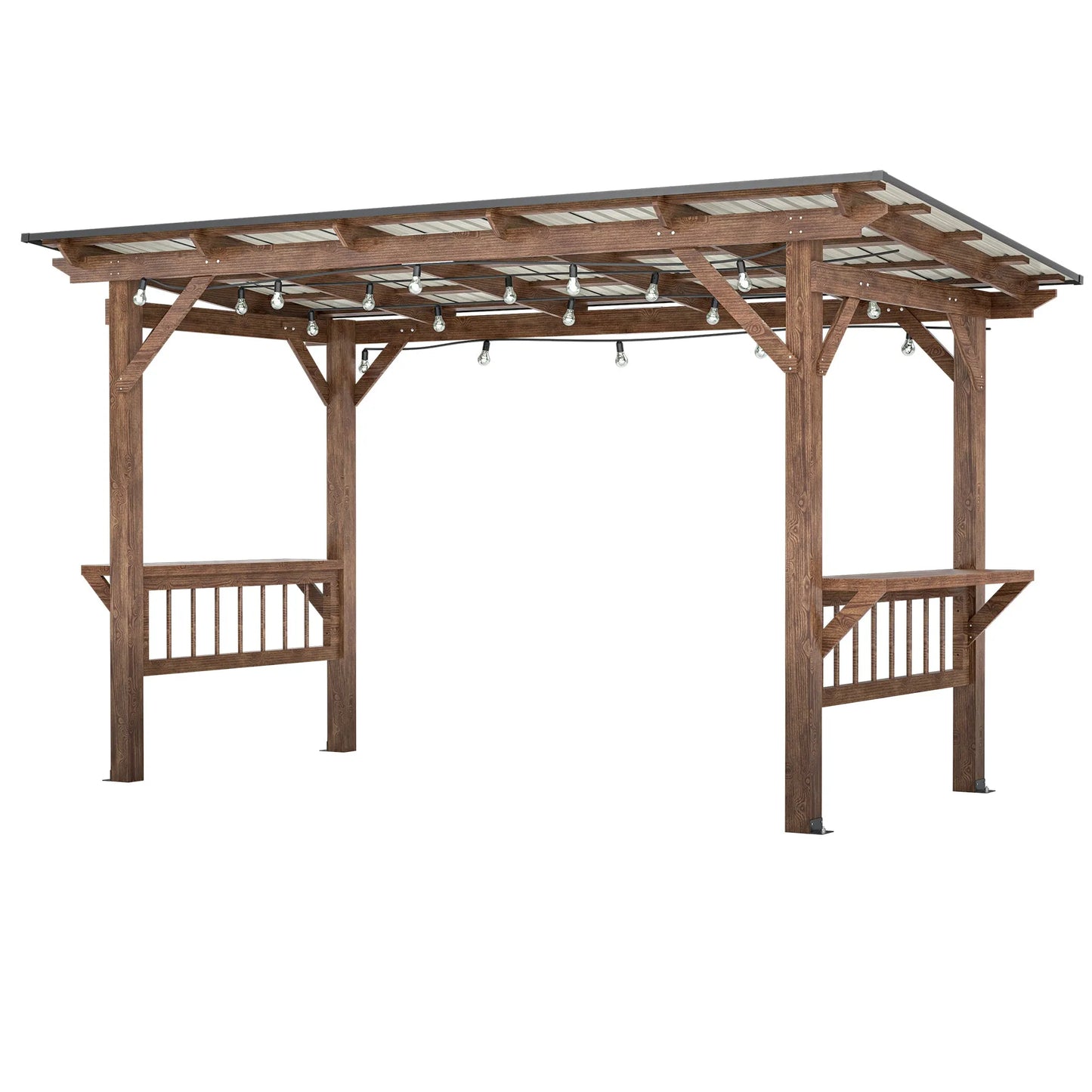 13' x 6.5' Wooden Pergola Grill Gazebo with Metal Roof & Bulbs & Bar Counters – view 1