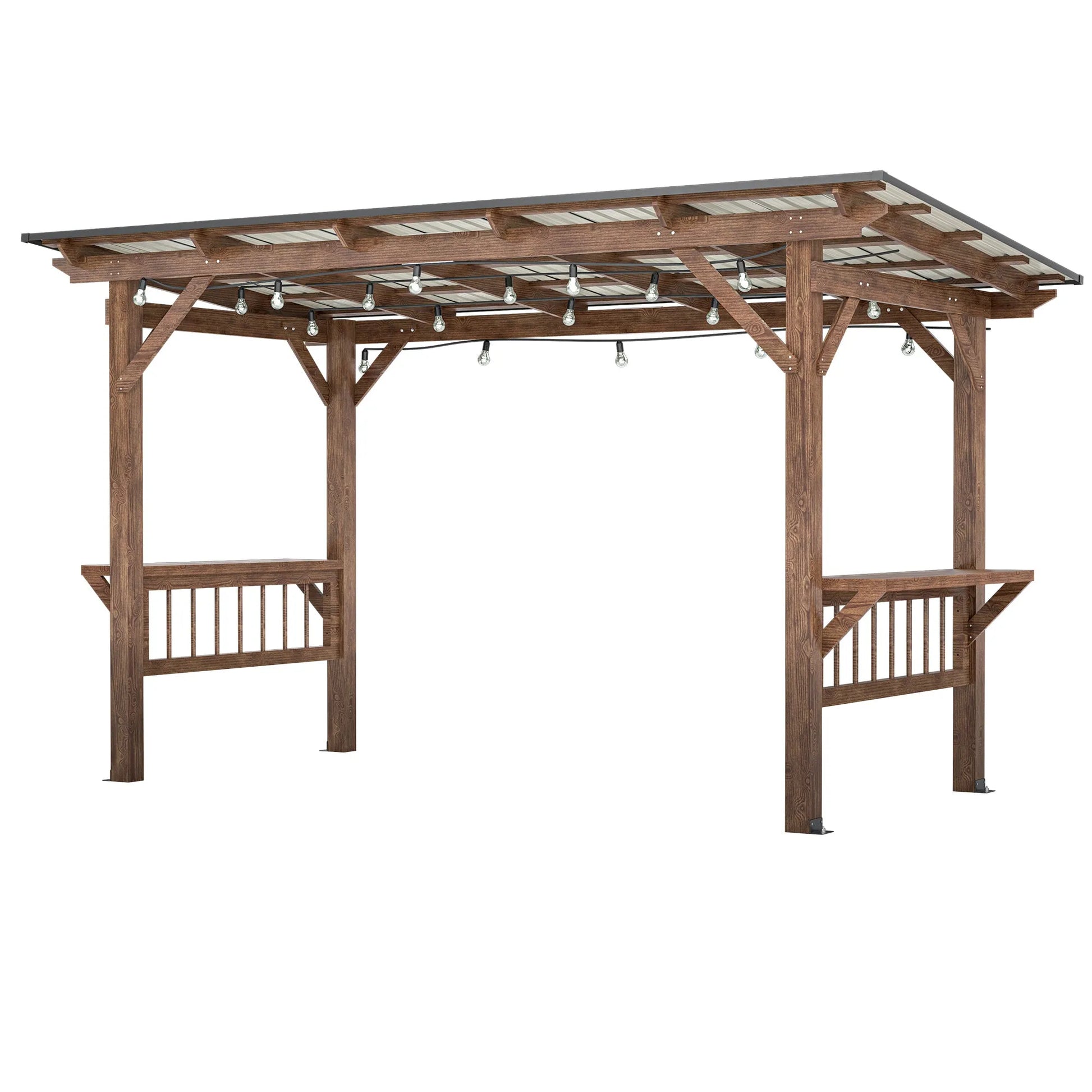 13' x 6.5' Wooden Pergola Grill Gazebo with Metal Roof & Bulbs & Bar Counters – view 1