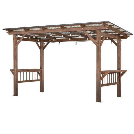 13' x 6.5' Wooden Pergola Grill Gazebo with Metal Roof & Bulbs & Bar Counters – view 1