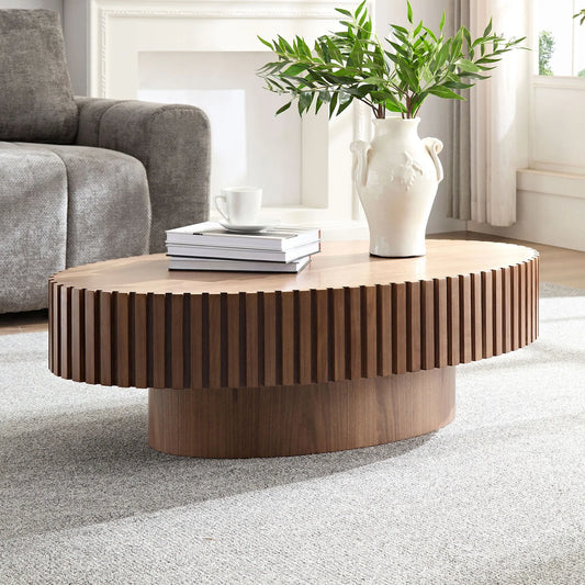 Modern Handcraft Drum Coffee Table Length 43.7 inch Ellipse Coffee Table for Living Room,Oval Small Coffee Table with Sturdy Pedestal,Walnut – view 1