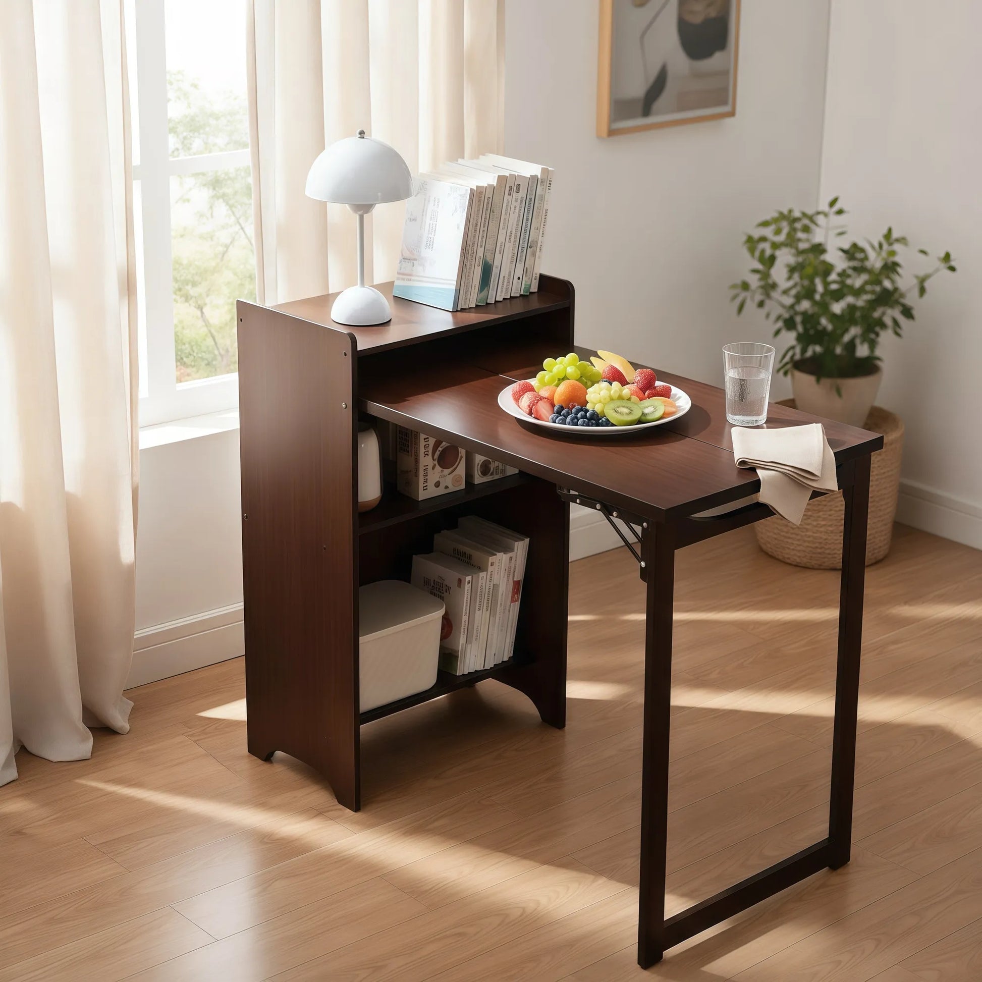 Bamboo Folding Desk, Foldable Desk for Small Space, Computer Desk with Hidden Storage, Mid Century Foldable Table for Home Office and Bedroom (Walnut – view 1