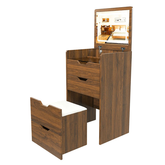 3-in-1 Vanity Desk with Lighted Mirror & Stool, Flip Top Makeup Dressing Table in Walnut Finish, Compact Storage for Bedroom, Bathroom, or Dressing – view 1