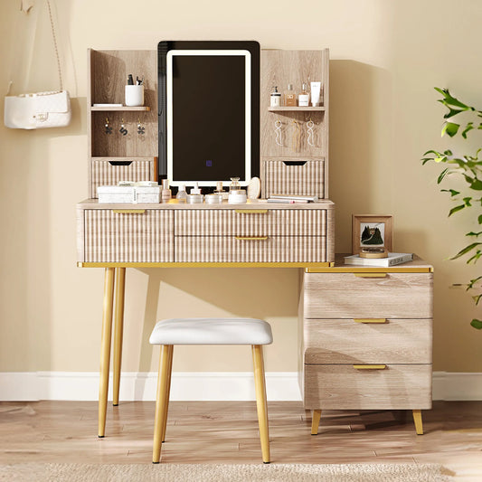 7-Drawer Vanity Desk with LED Mirror & Carved Details, Fluted Makeup Table with Metal Legs and PU Stool, Carved Dressing Table with Jewelry Storage – view 1