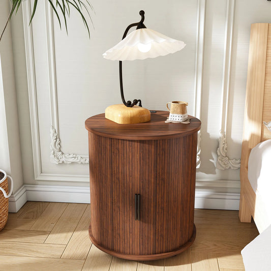 Mid Century Modern Cylinder End Table with Built-in Charging Station & Sliding Door, 2-Tier Storage Round Nightstand with USB Ports, Walnut Bedside – view 1