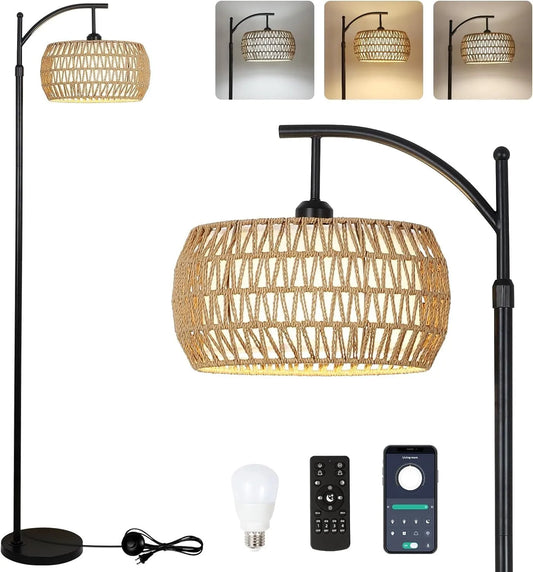 Arc Floor Lamp with Remote Control, Dimmable LED Floor Lamp with 3 Color Temperature, Black Standing Lamp with Rattan & Fabric Double Drum Shade – view 1
