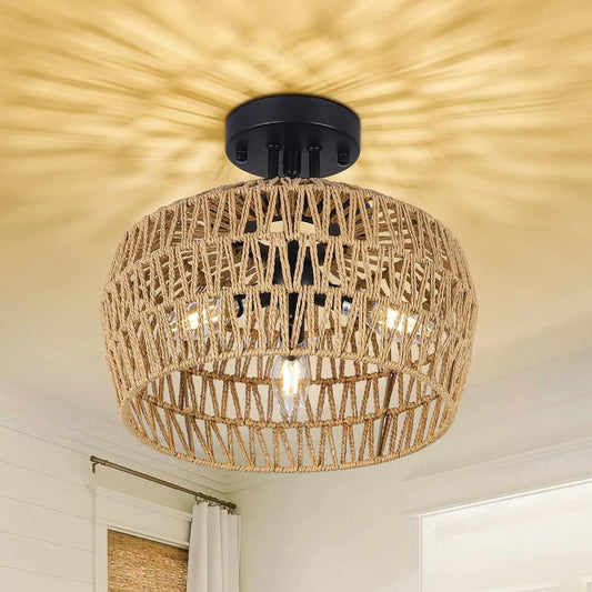 Semi Flush Mount Ceiling Light, Rattan Light Fixture Ceiling Mount with Handmade Wicker Lampshade, 3-Lights Boho Chandelier, Woven Close to Ceiling – view 1