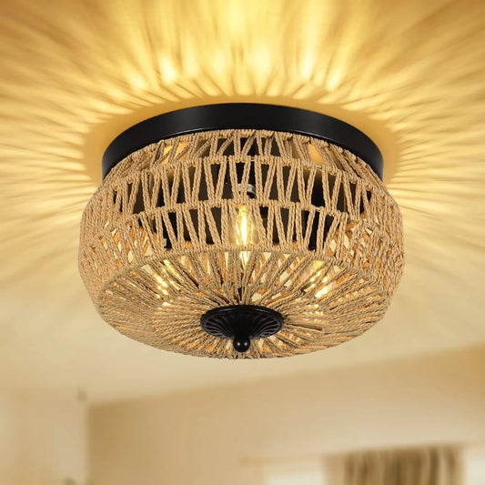 3-Lights Woven Rattan Flush Mount Ceiling Light Fixture with Hand-Worked Cage Shade for Bedroom, Kitchen, Foyer, Porch – view 1