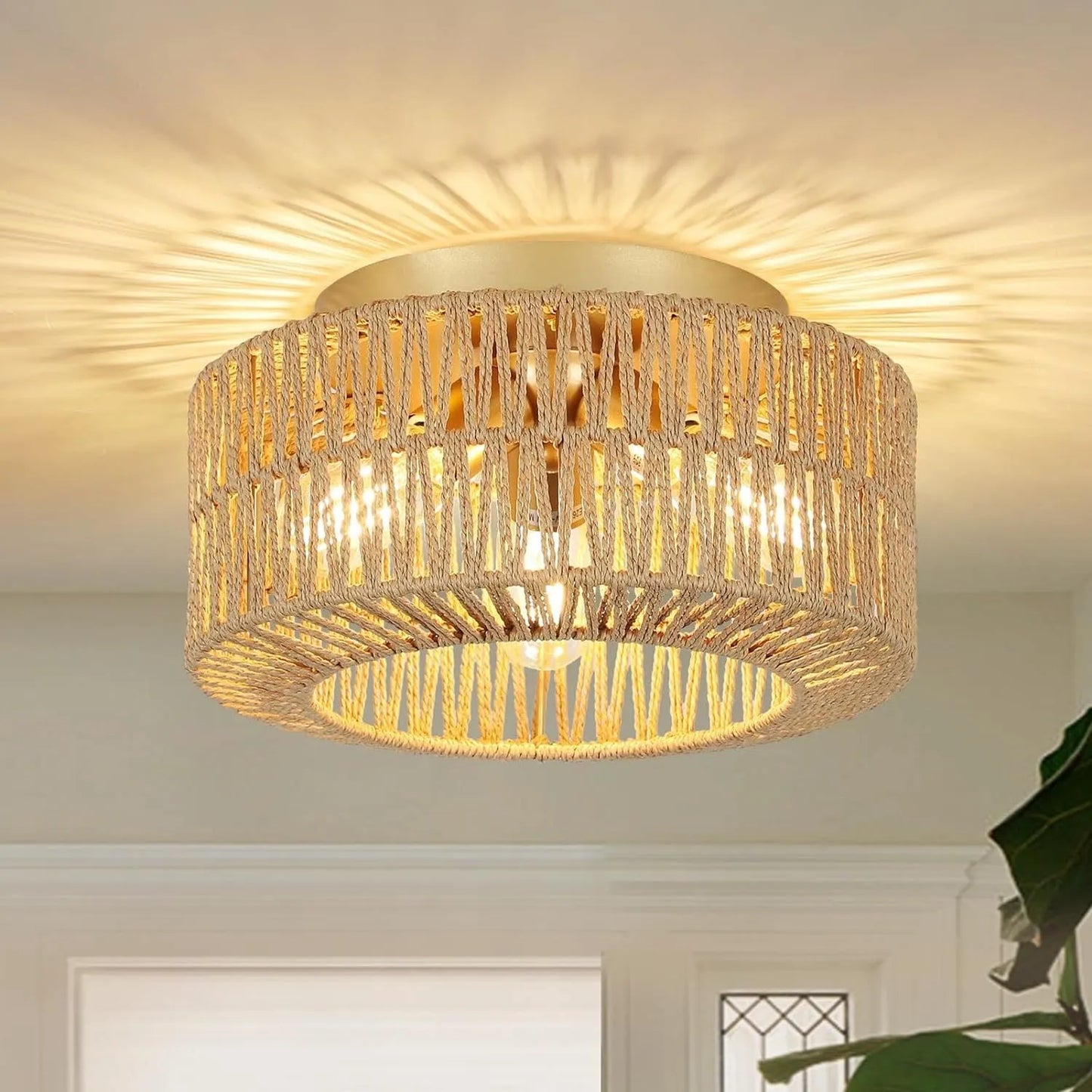 Boho Light Fixtures Ceiling Mount, 3-Light Farmhouse Rattan Ceiling Light Fixture, Flush Mount Ceiling Light with Hand-Woven Shade, Modern Chandelier – view 1