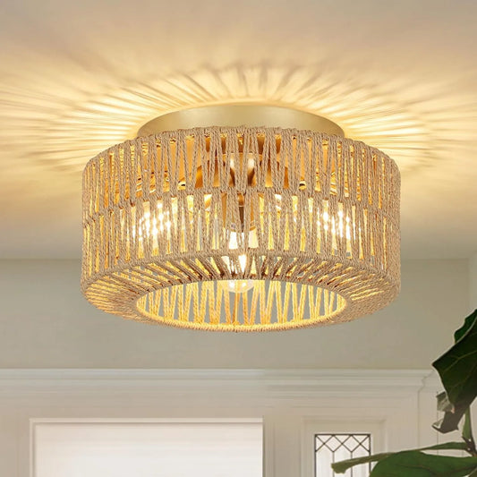 Boho Light Fixtures Ceiling Mount, 3-Light Farmhouse Rattan Ceiling Light Fixture, Flush Mount Ceiling Light with Hand-Woven Shade, Modern Chandelier – view 1