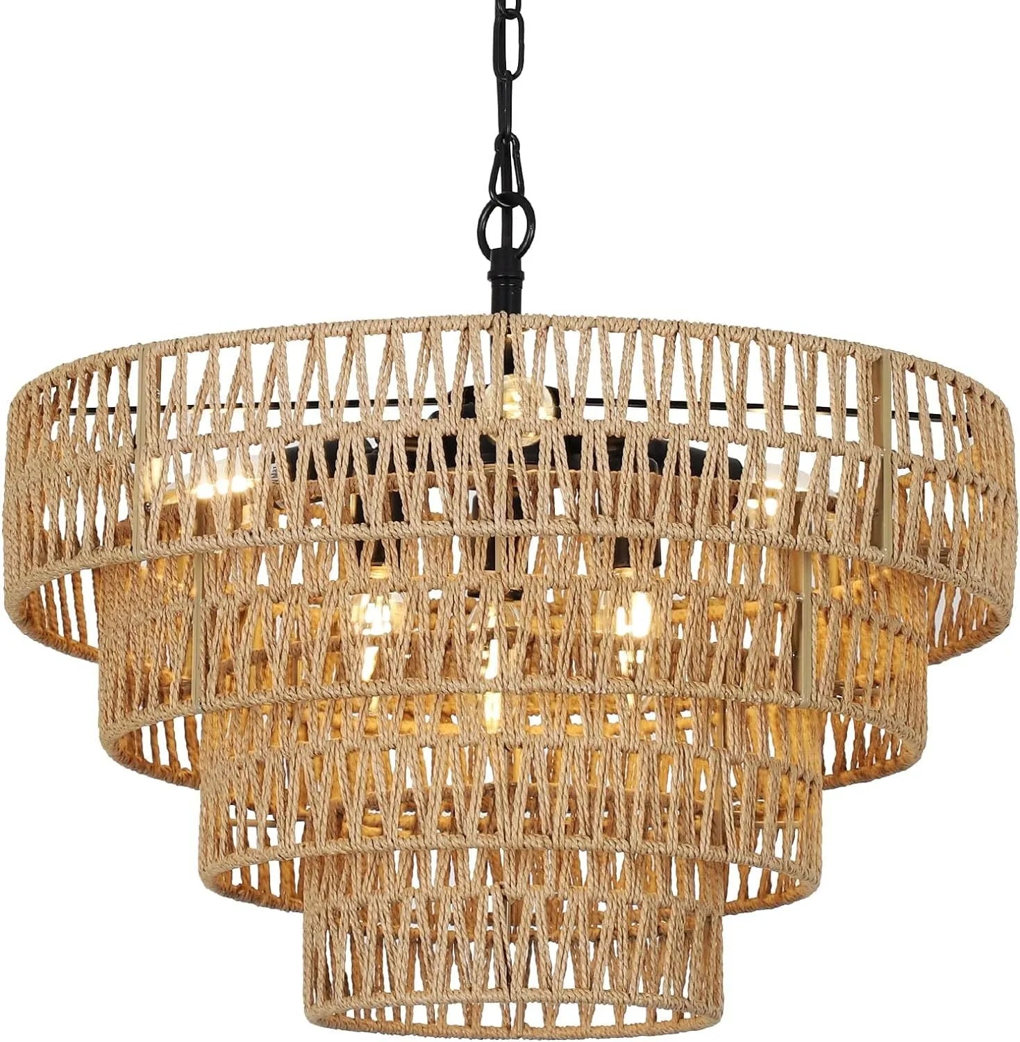 Boho Rattan Chandelier, 6-Light Dining Room Light Fixture, Wicker Pendant Lighting with 4-Tier Woven Lampshade, Large Farmhouse Chandeliers for – view 1