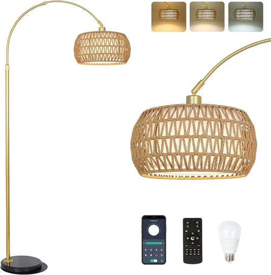 Gold Floor Lamps for Living Room, Arc Floor Lamp with Remote & Dimmable Bulb, Boho Rattan Standing lamp with 3 Color Temperatures, Height Adjustable – view 1
