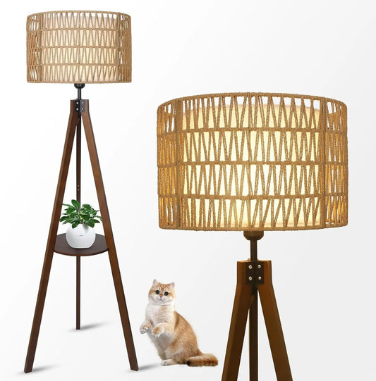 Boho Tripod Floor Lamp with Shelves, Mid Century Wood Standing Lamp with Rattan & Fabric Shades, ON/Off Foot Switch, Modern Farmhouse Tall Floor – view 1