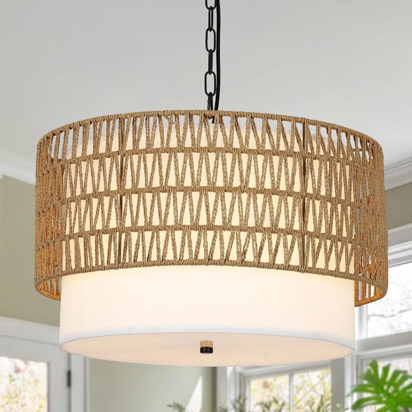 Farmhouse Chandeliers for Dining Room,5-Light Rattan Boho Chandelier Light Fixture with Fabric Shade,Hand Woven Large Rattan Dining Room Light – view 1