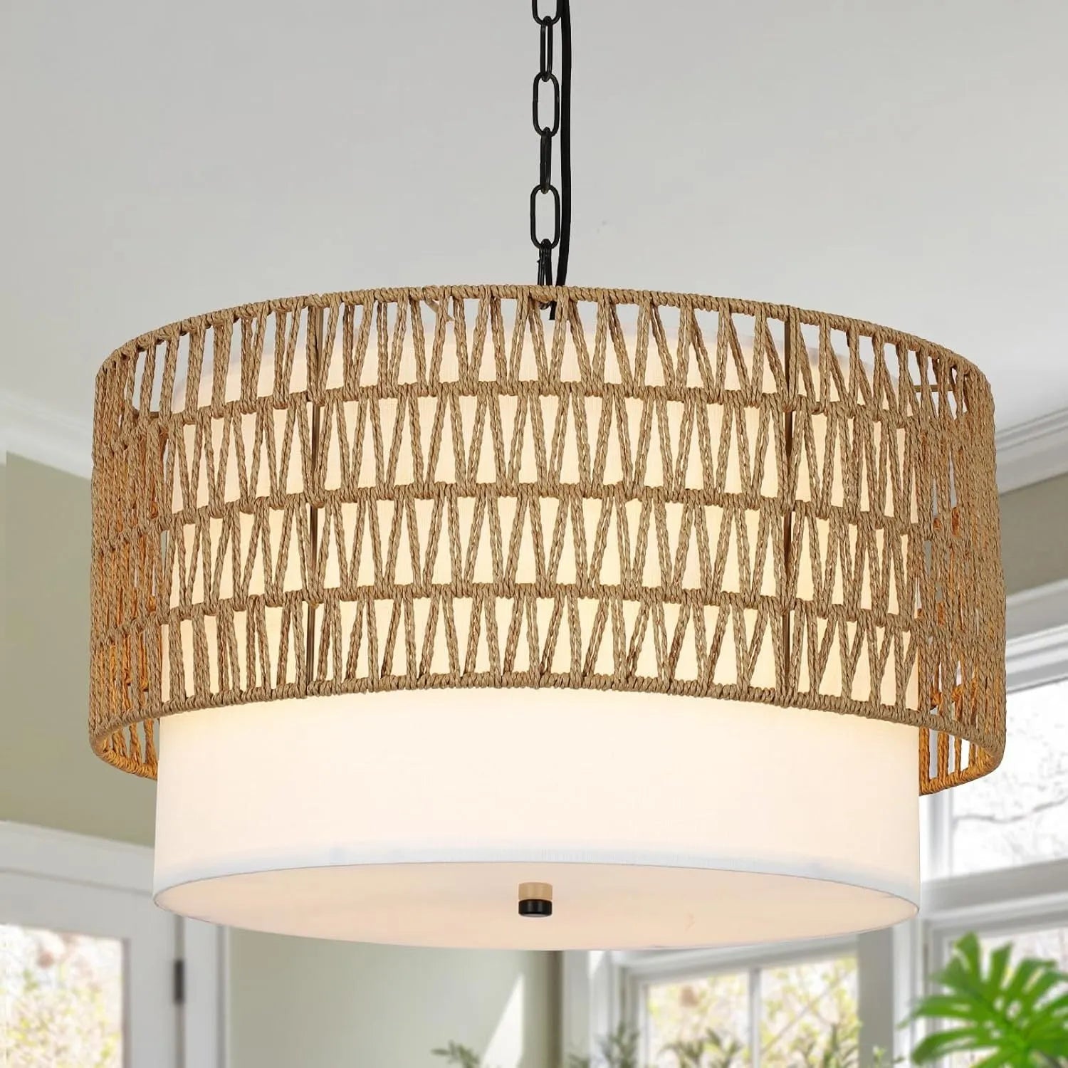 Farmhouse Chandeliers for Dining Room,5-Light Rattan Boho Chandelier Light Fixture with Fabric Shade,Hand Woven Large Rattan Dining Room Light – view 1