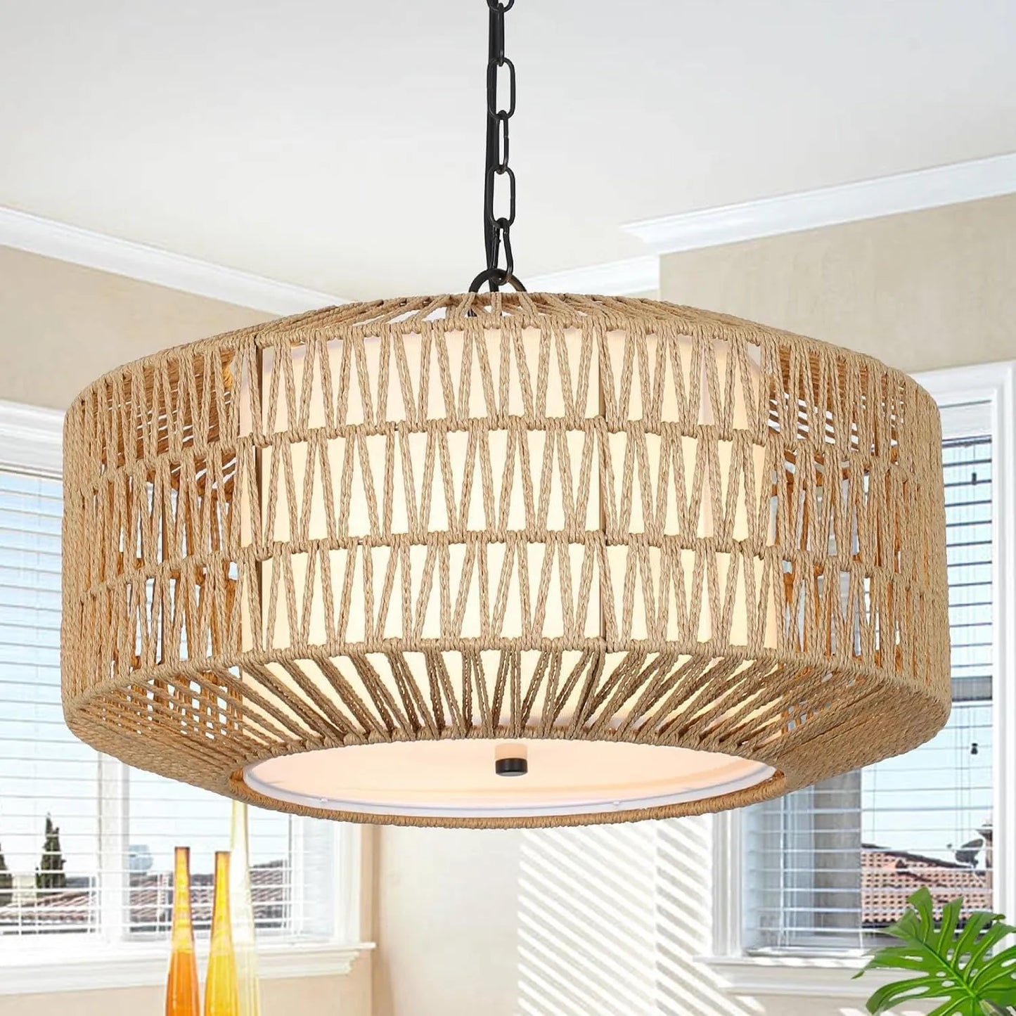 Farmhouse Chandelier Light Fixture,4-Light Rattan Boho Chandeliers for Dining Room with Fabric Shade,Hand Woven Large Rattan Dining Room Light – view 1