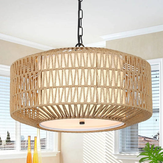 Farmhouse Chandelier Light Fixture,4-Light Rattan Boho Chandeliers for Dining Room with Fabric Shade,Hand Woven Large Rattan Dining Room Light – view 1