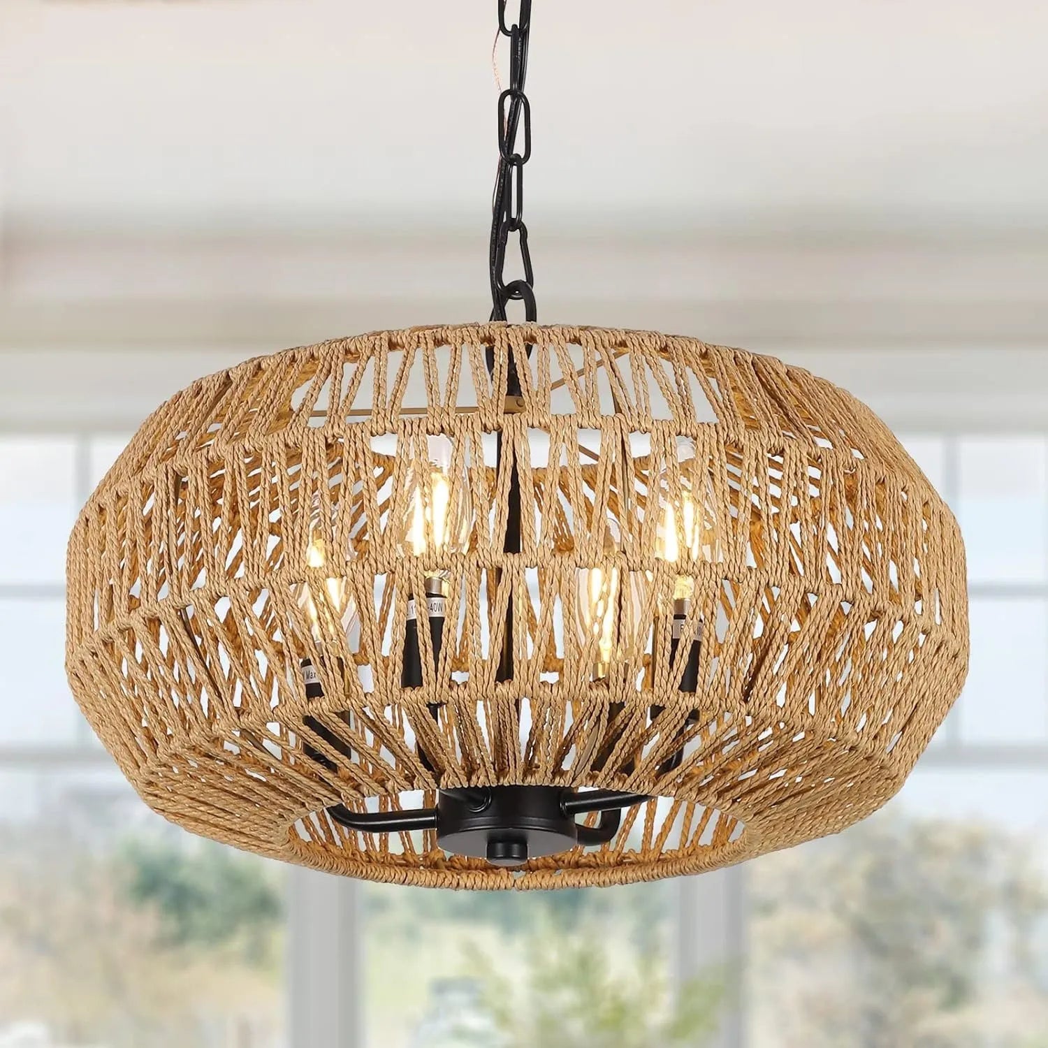 Farmhouse Rattan Pendant Lights, 15.7' 4-Light Boho Chandelier Light Fixture, Wicker Hand Woven Basket Pendant Hanging for Dining Room Living Room – view 1