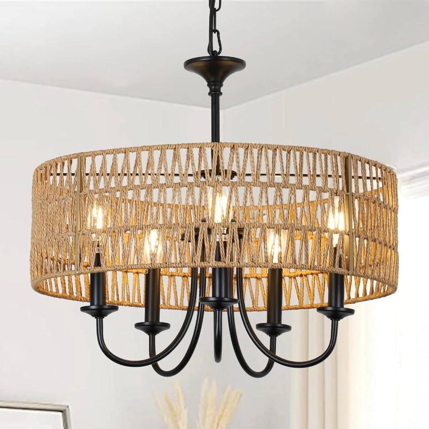 Modern Farmhouse Chandelier Light Fixtures, 5-Lights Large Rattan Pendant Lighting with Hand Woven Wicker Shade, Boho Black Chandeliers for Dining – view 1