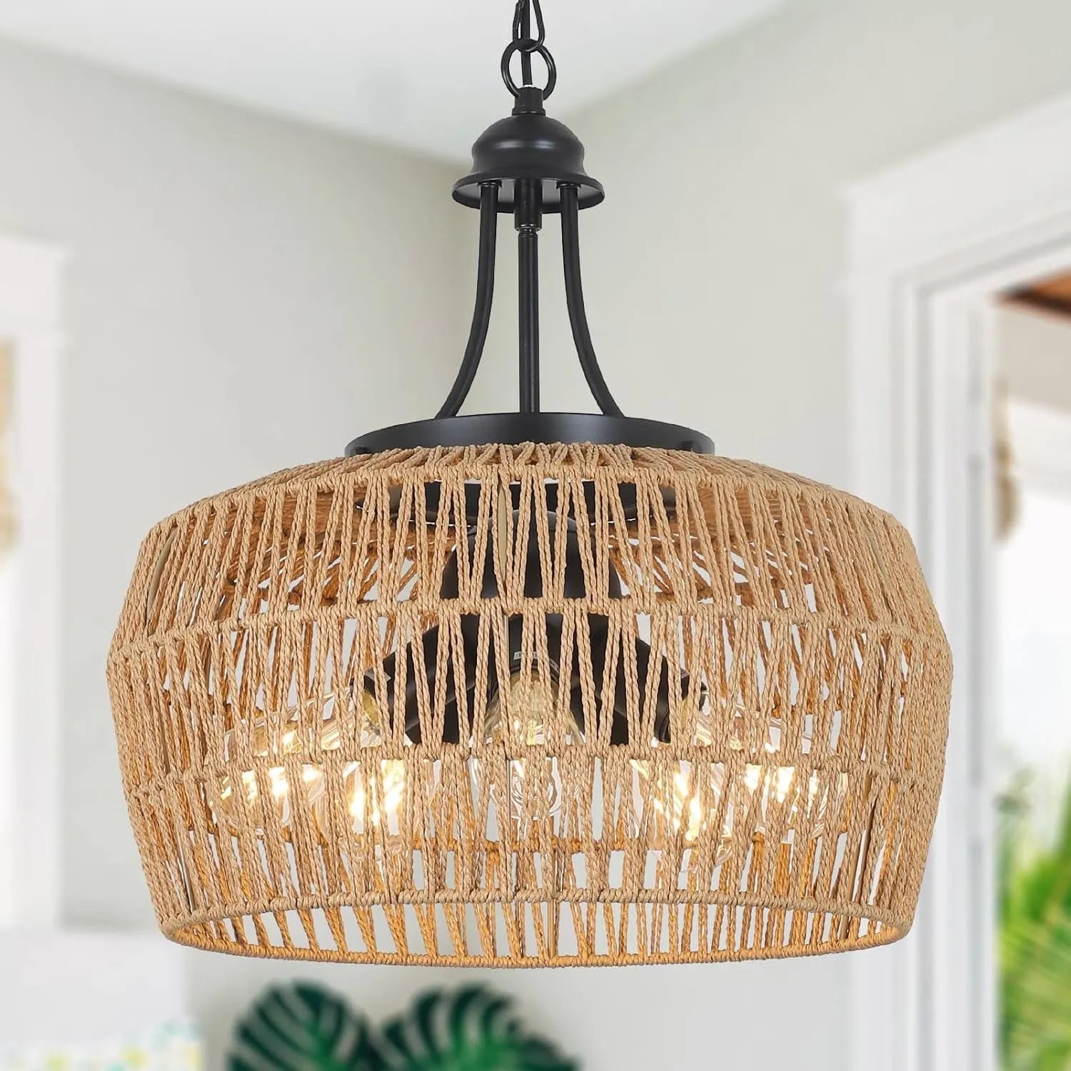 Large Farmhouse Chandeliers for Dining Room, 5-Light Rattan Boho Chandelier Light Fixture with Wicker Lampshade, Coastal Hanging Pendant Lighting for – view 1