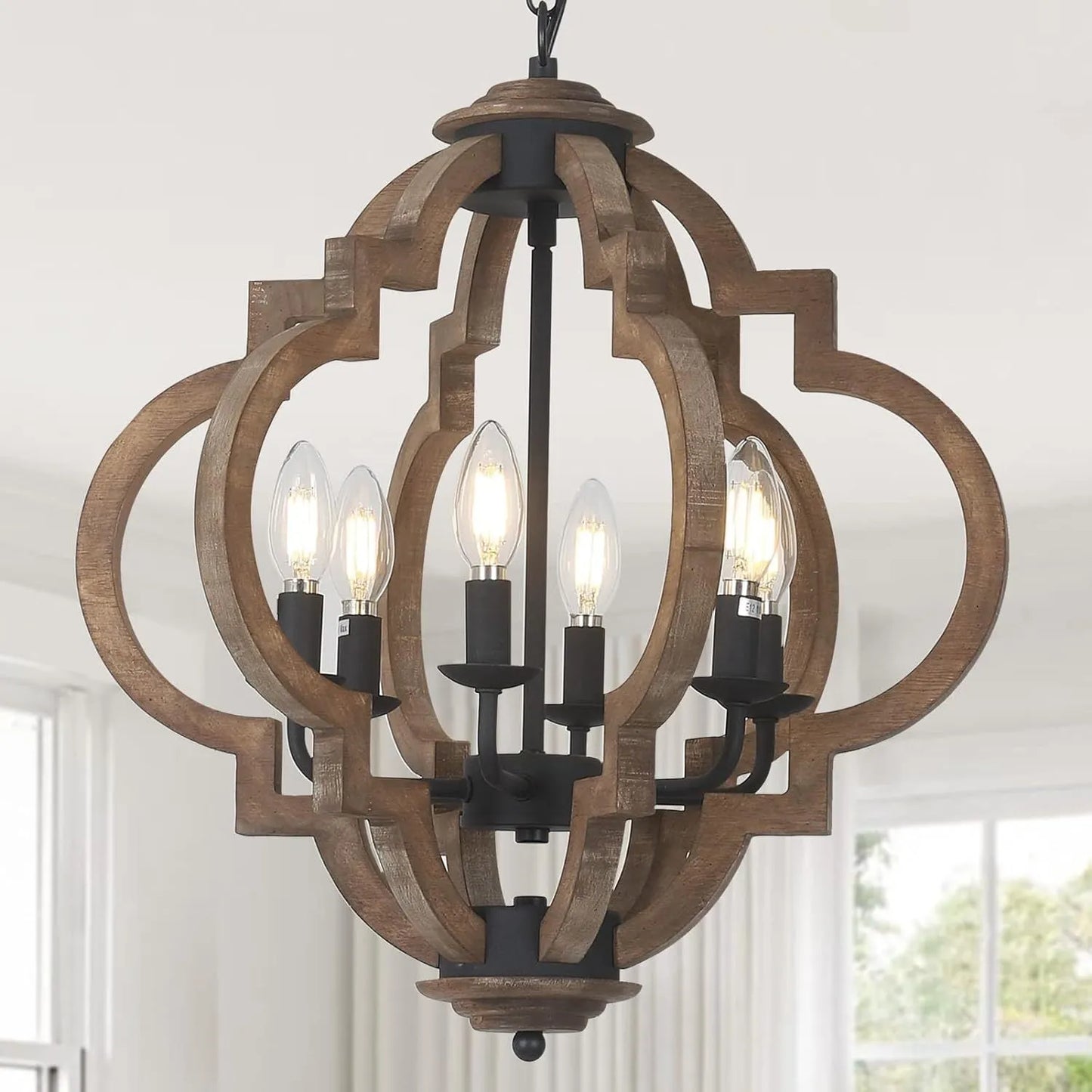 Farmhouse Chandeliers for Dining Room, 6-Light Rustic Dining Room Light Fixture Over Table, Wood Black Hanging Pendant Lights Kitchen Island, Boho – view 1