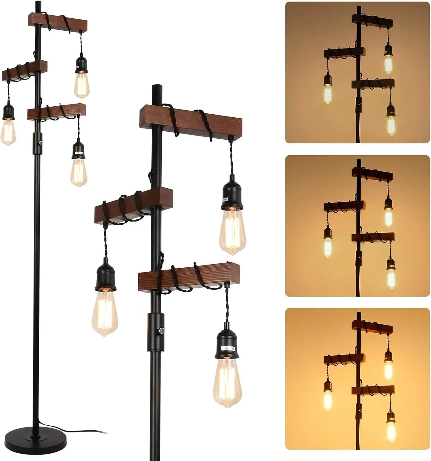 Dimmable Industrial Floor Lamp, Farmhouse Tree Floor Lamp, 68 Inch 3 Lights Wood Standing Lamp, Sturdy Base Tall Vintage Pole Light, Metal Black – view 1