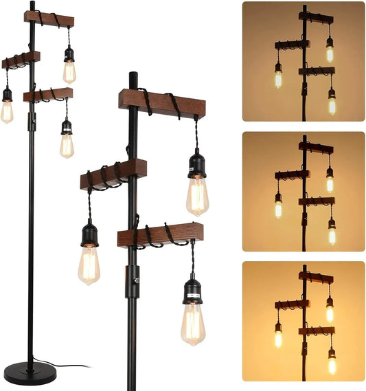 Dimmable Industrial Floor Lamp, Farmhouse Tree Floor Lamp, 68 Inch 3 Lights Wood Standing Lamp, Sturdy Base Tall Vintage Pole Light, Metal Black – view 1