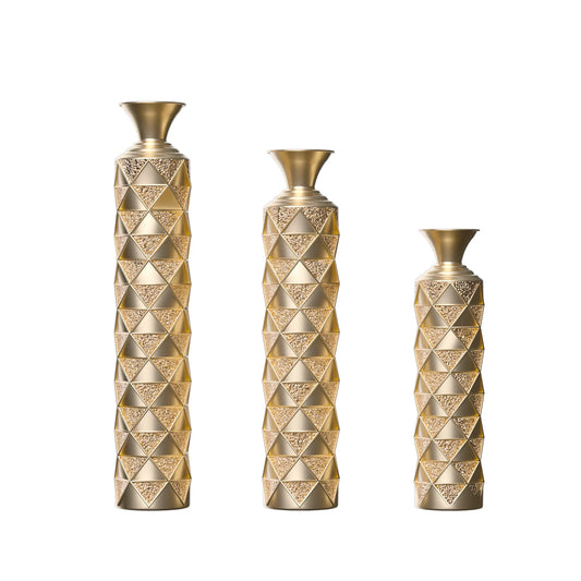 Metal Decorative Vase High Distress Metal Center Vase With 3D Triangle Pattern, Set Of 3 Vases for Home Decoration 33.5', 29.5', 25.2'High, Gold – view 1