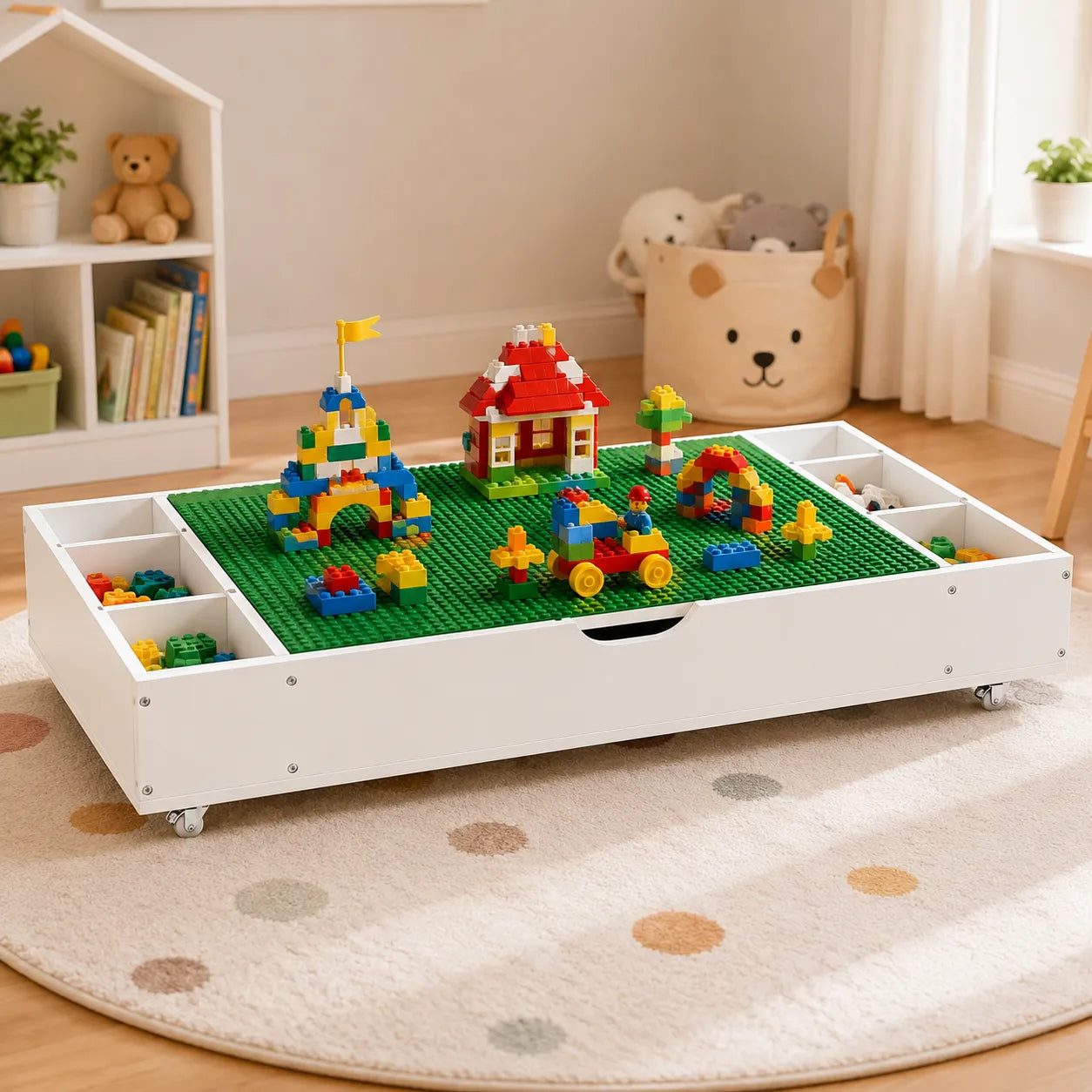 The 3 in 1 Reversible Kids Activity Table and Toy Organizer Compatible with Lego, Building Bricks & Whiteboard Play Table with City Road Map – view 1