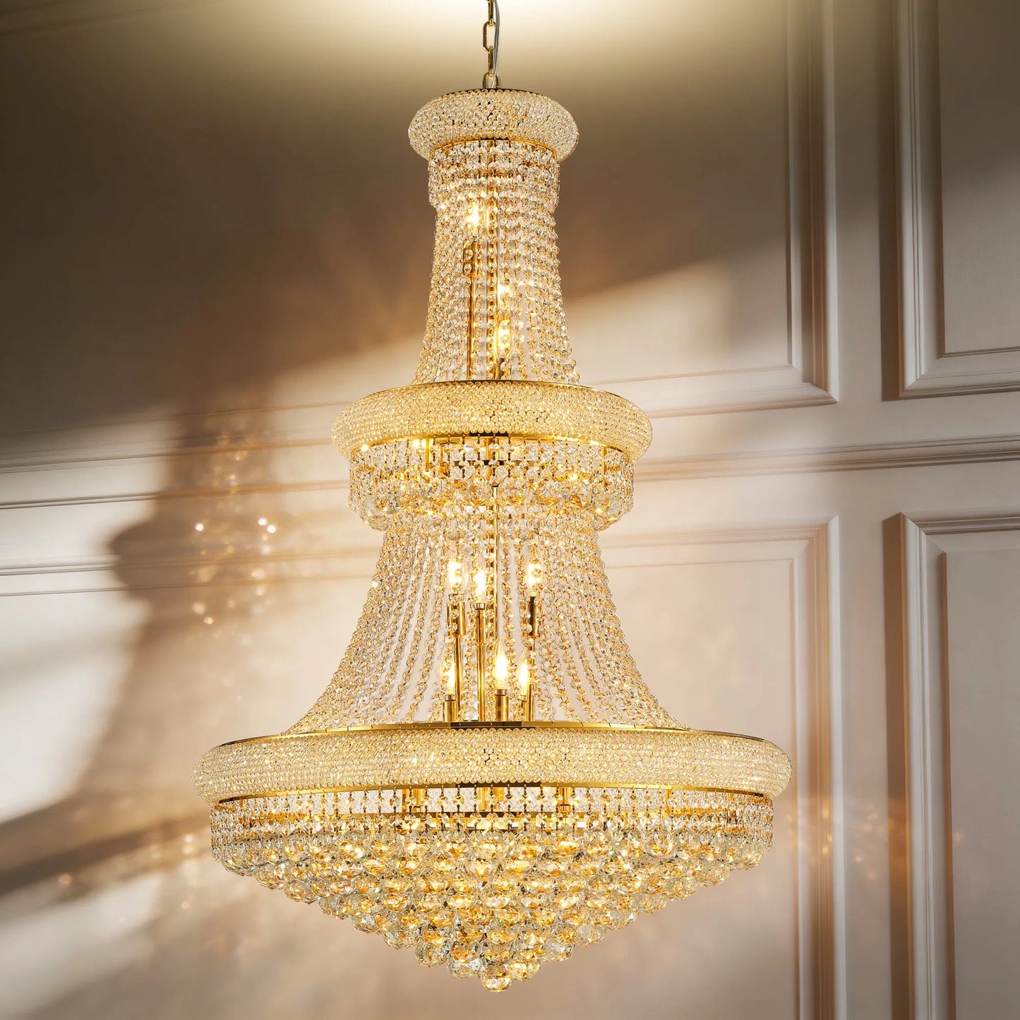 32-Inch Gold Crystal Chandelier, 27-Light French Empire Ceiling Light with LED Bulbs, Adjustable 59-Inch Chain, 3000K Warm Light, Ideal for Living – view 1