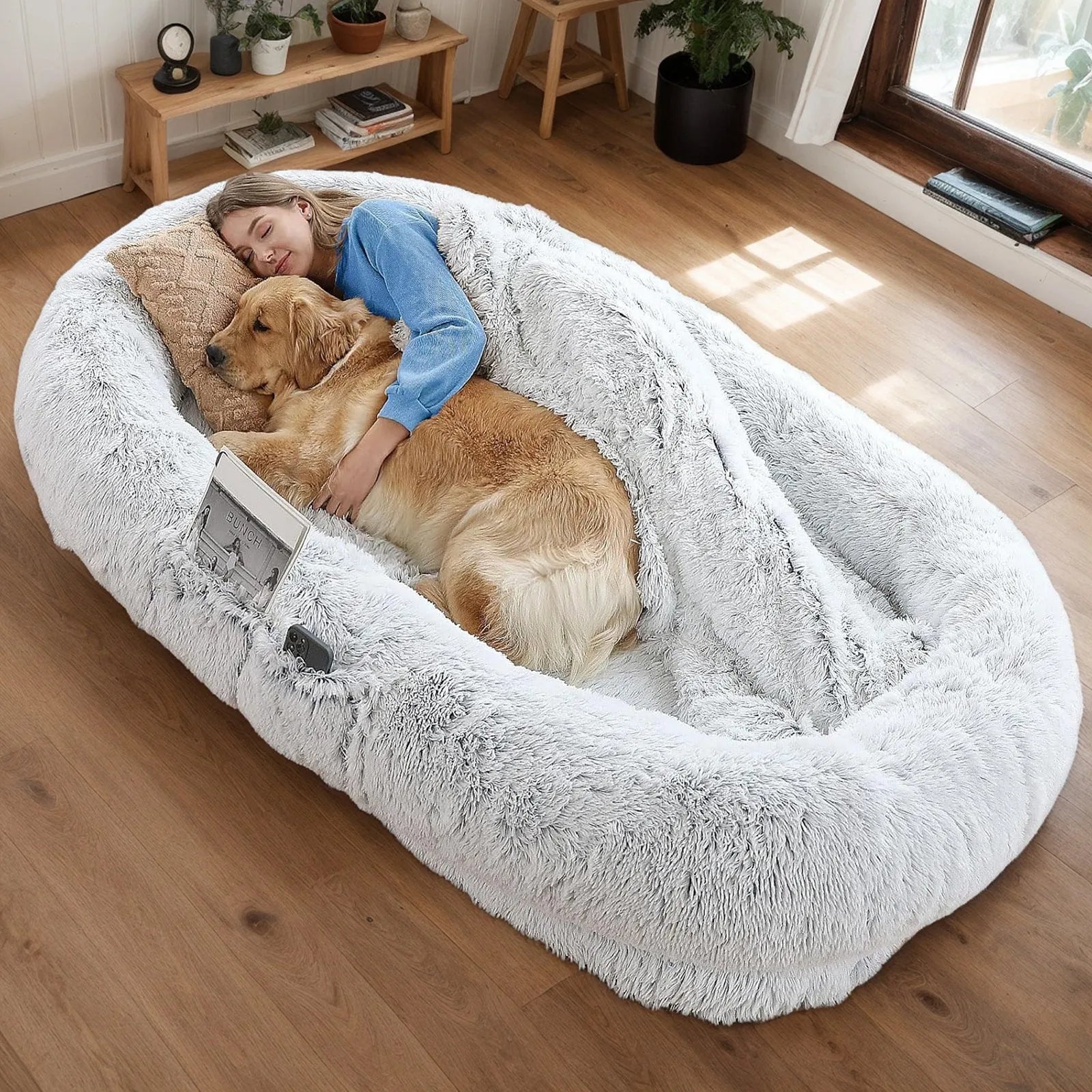 Human Dog Bed, Washable Faux Fur Dog Bed for People Doze Off, Napping Orthopedic Dog Bed,71''x45''x14'' Size Fits You and Pets (Grey) - Blankets and – view 1
