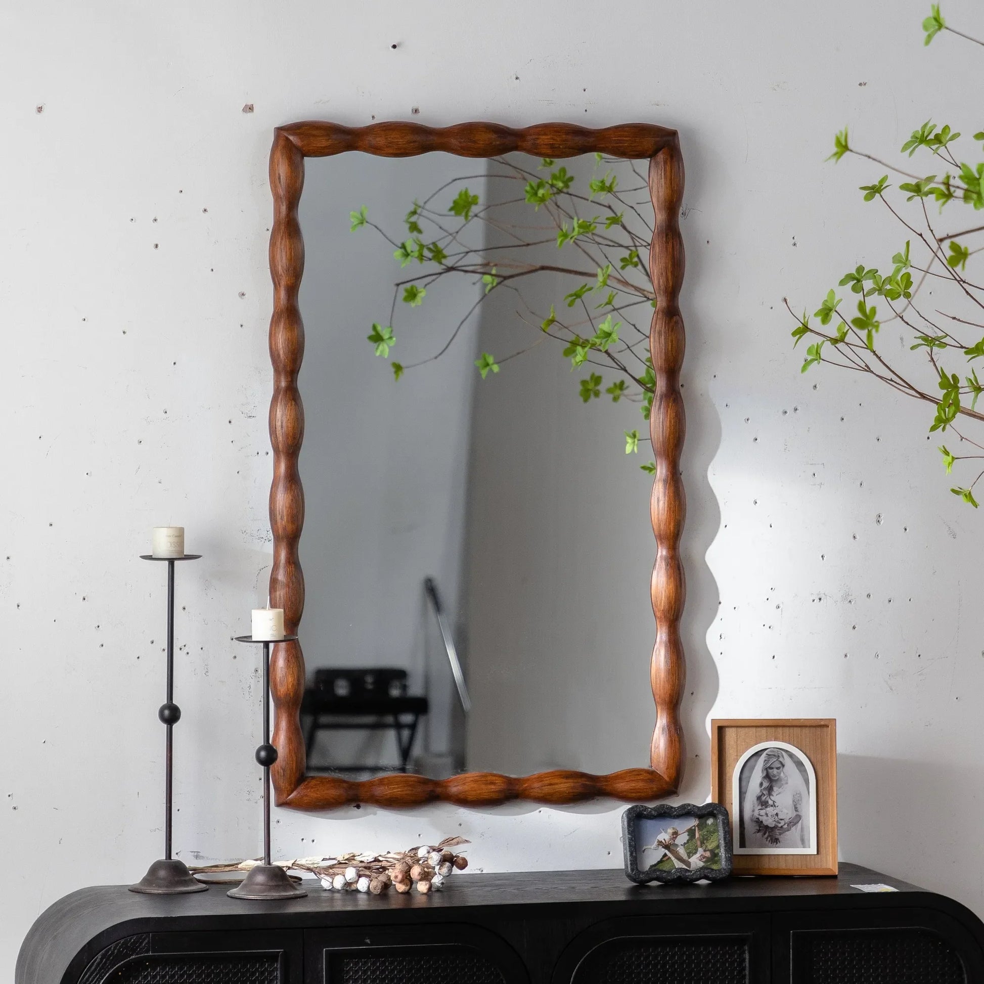 36.02' Mid-Century Modern Swirl Wood Frame Mirror - Solid Wood & MDF Wall-Mounted Full-Length Mirror, Brown Decorative Mirror for Bedroom/Living Room – view 1