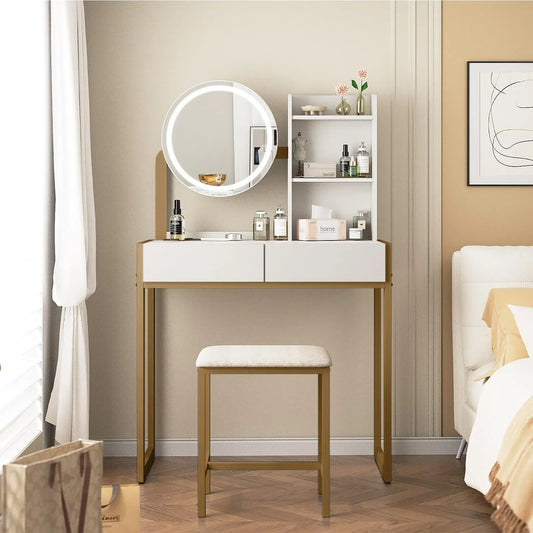 Small Vanity Desk with Mirror and Lights, Makeup Vanity Table with LED Mirror, 3 Lighting Modes, Power Outlet, Drawer, Open Shelves and Cushioned – view 1