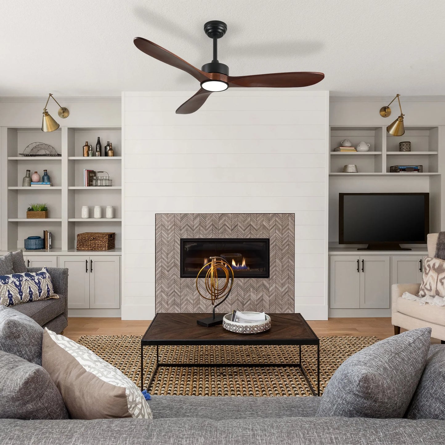 52 Inch Ceiling Fan with Light, 3 Solid Wood Blades,Remote Control,6-speed Reversible DC Motor for Living Room,Bed Room,Dining Room. – view 1