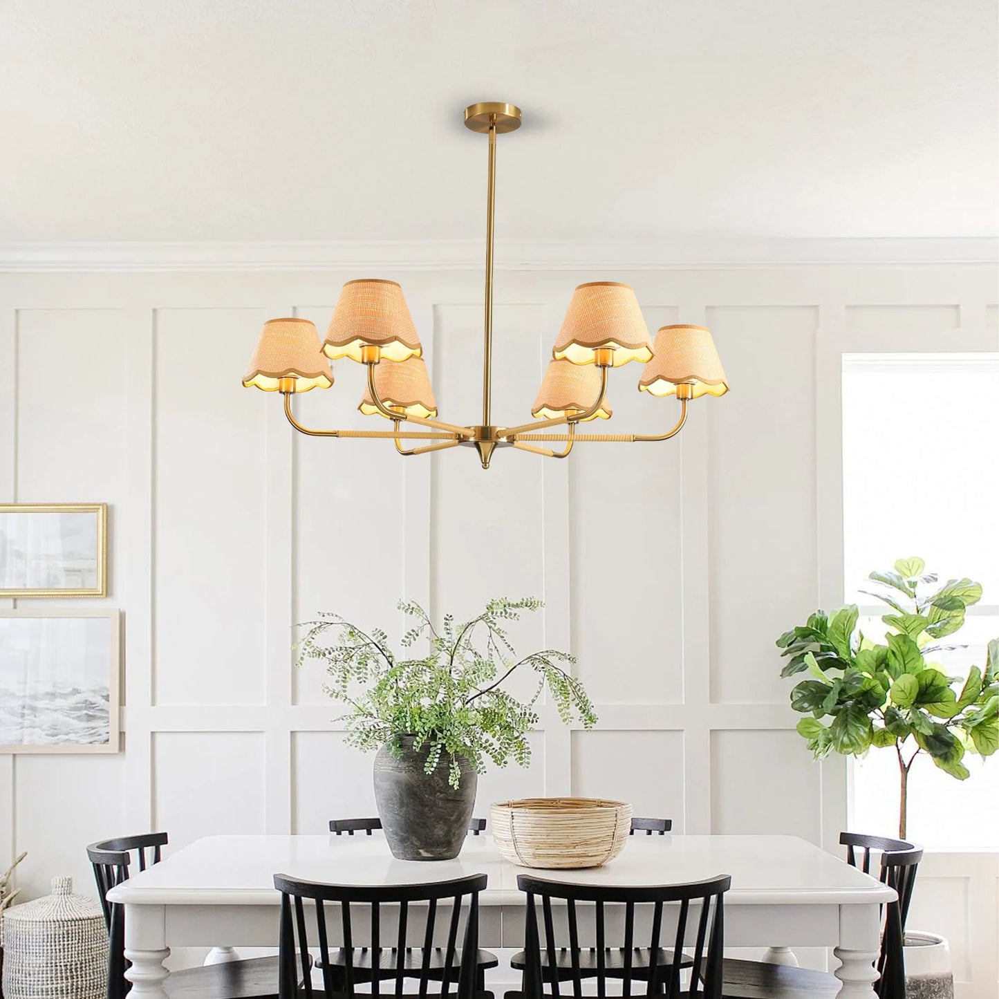 38' Gold 6-lamp Chandelier with Hand-Woven Rattan Lampshade, Mid-Century Hanging Pendant Light Fixture for Dining Room, Living Room, or Kitchen (Bulb – view 1