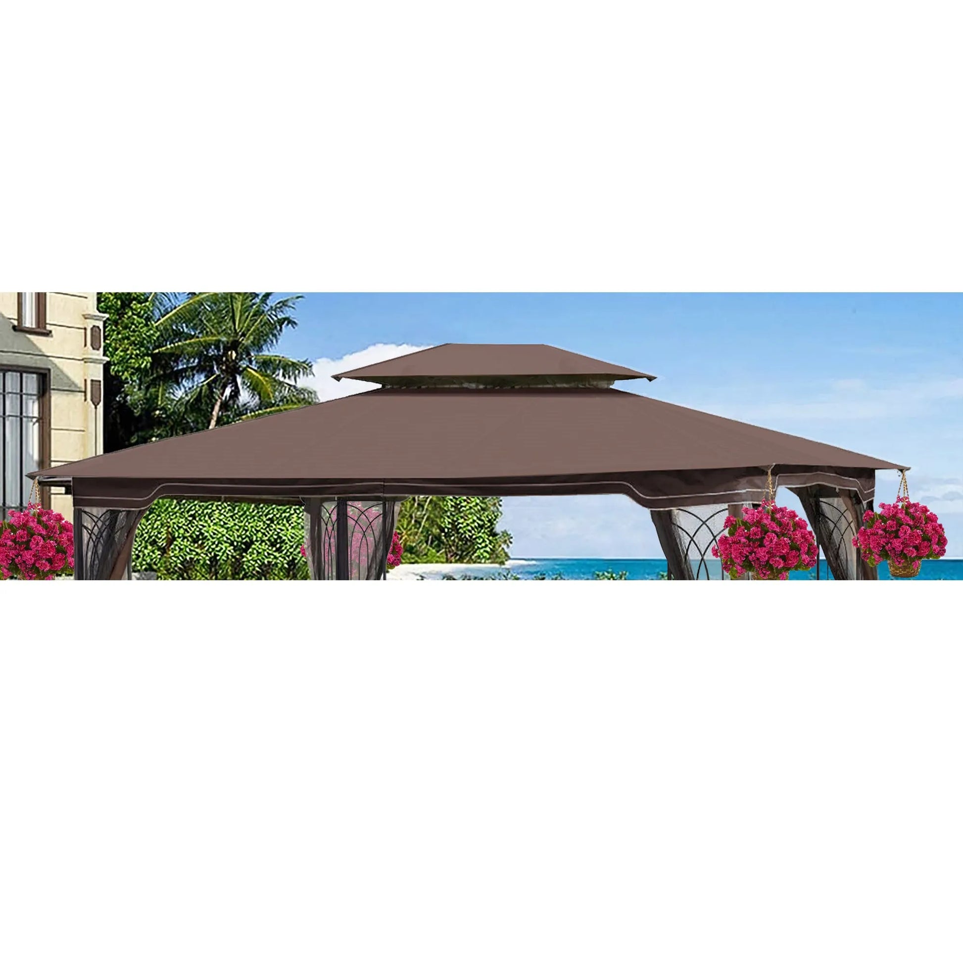 13x10 Ft Patio Double Roof Gazebo Replacement Canopy Top Fabric,Brown – view 1