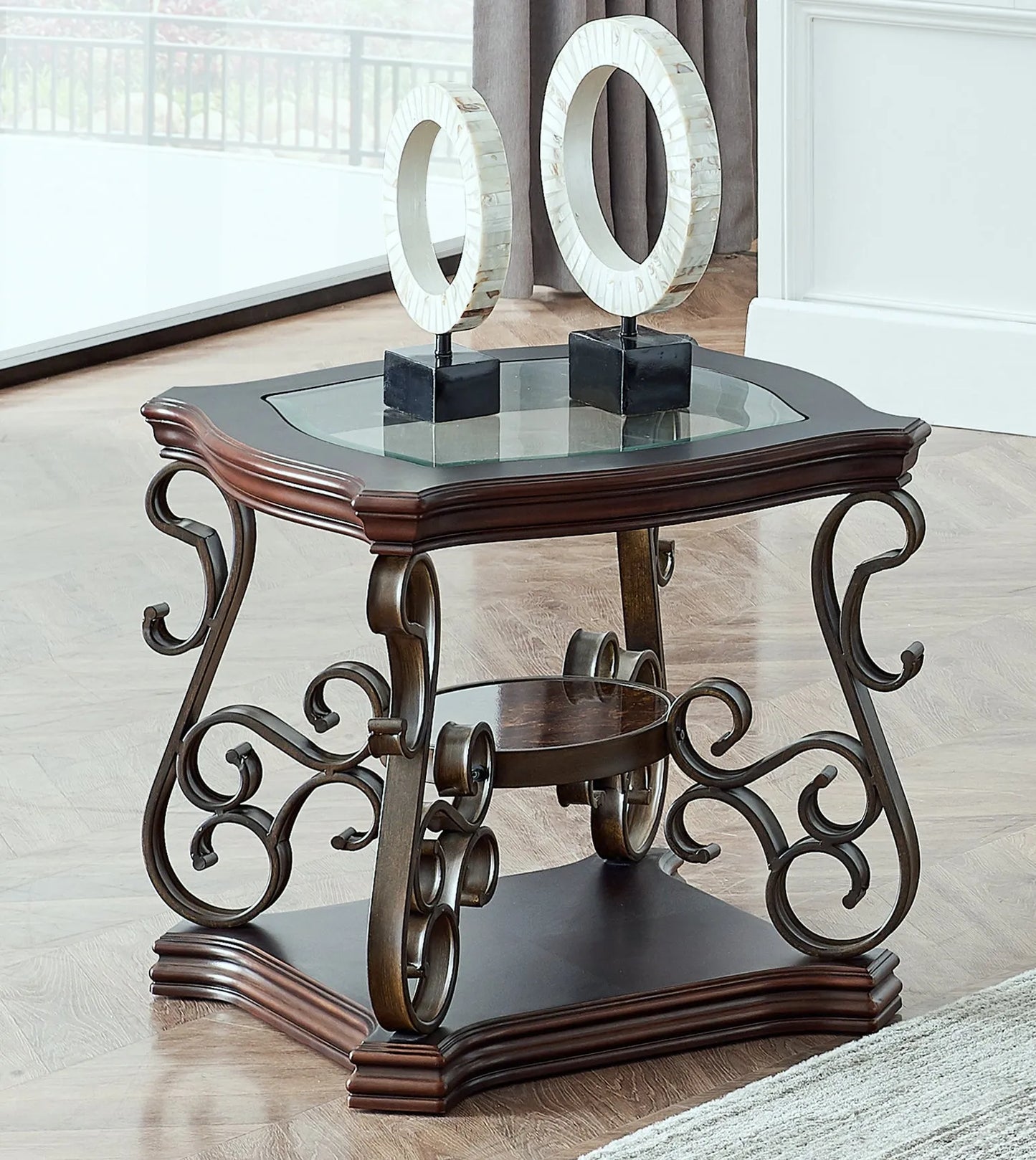 End table, Glass table top, MDF W/marble paper middle shelf, powder coat finish metal legs. (26.3'Lx26.3'Wx24'H) – view 1