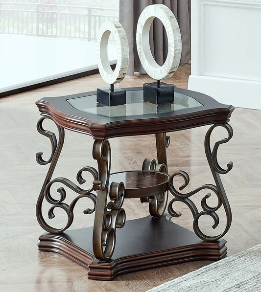 End table, Glass table top, MDF W/marble paper middle shelf, powder coat finish metal legs. (26.3'Lx26.3'Wx24'H) – view 1